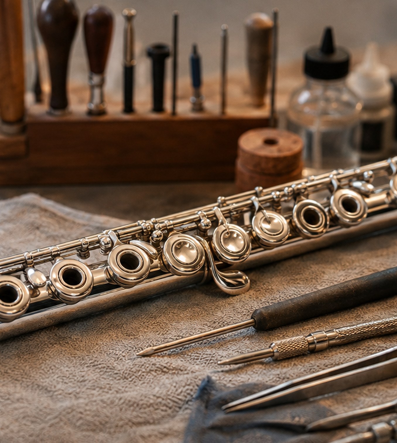 A flute laid on a cloth-covered repair bench surrounded by technician hand tools